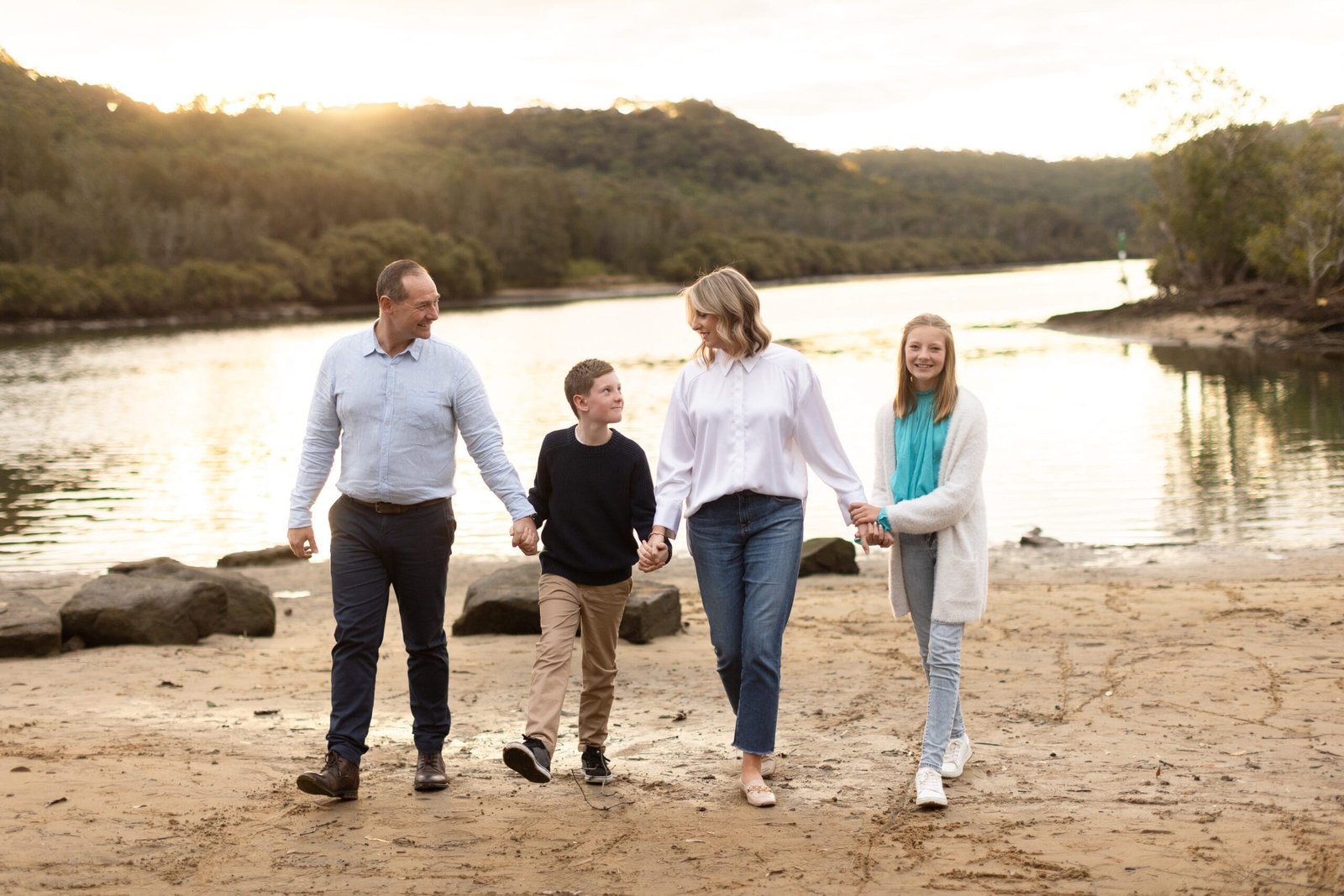 outdoor sunset beach family portrait with two kids