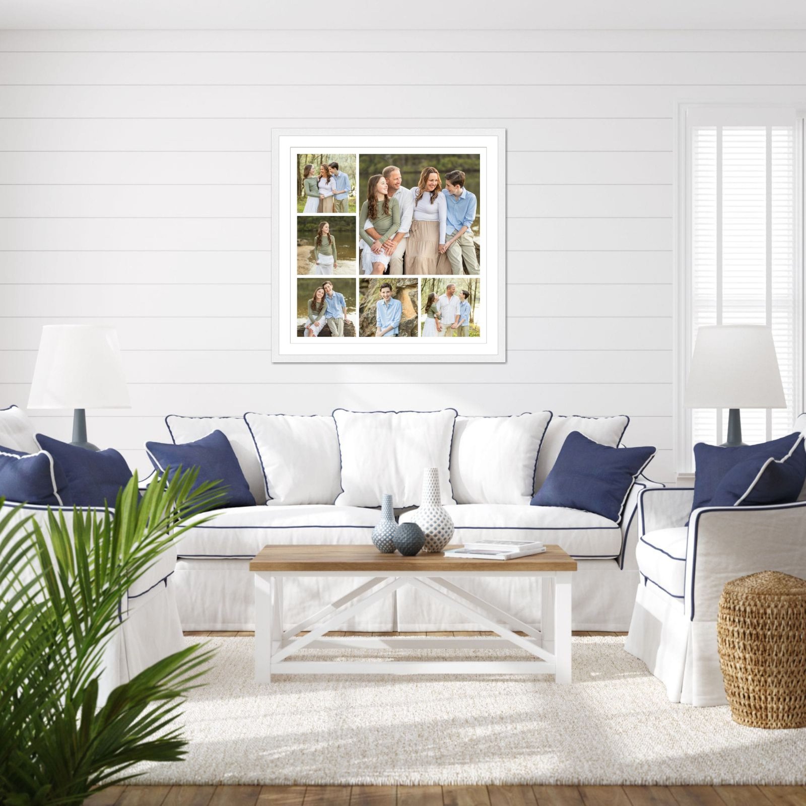 framed family portrait hanging in Hamptons-style home